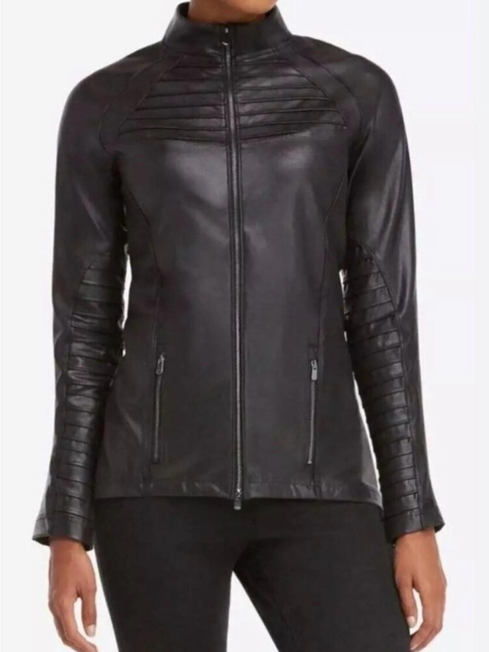 SPANX Black Faux Leather Moto Jacket Small Quilted Stretch Biker